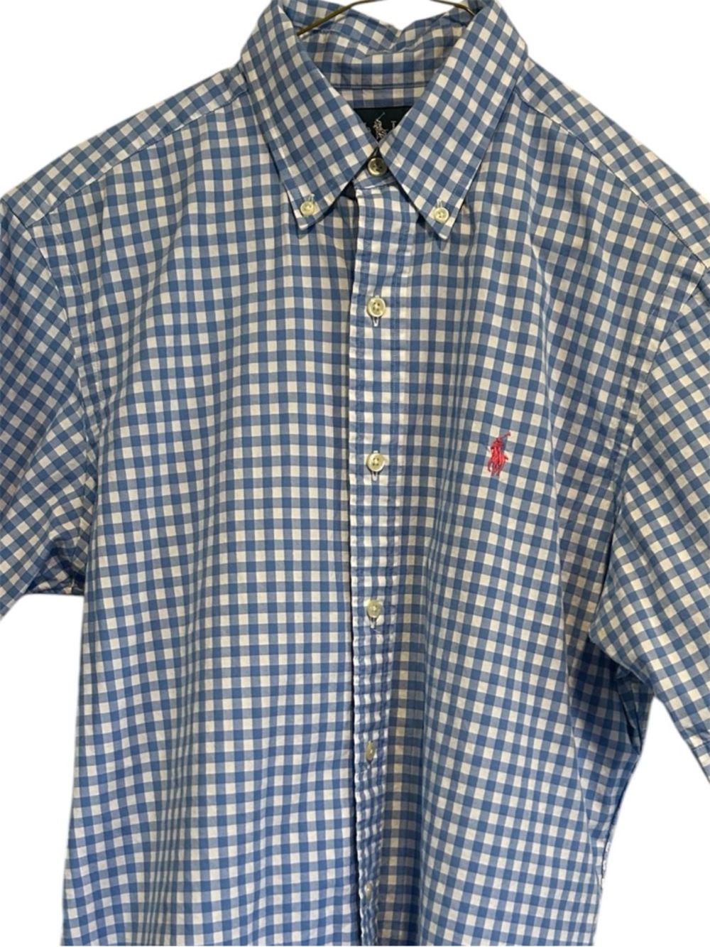 Ralph Lauren Blue and White Gingham Button-Down Shirt with Pink Pony